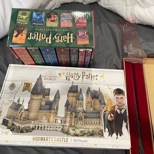 Harry Potter full set books, wand, and 3D puzzle